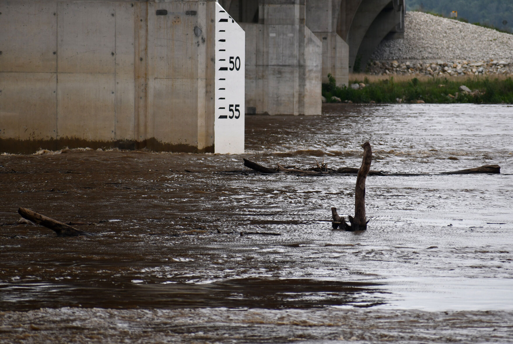 Tree debris floats past a flood marker
